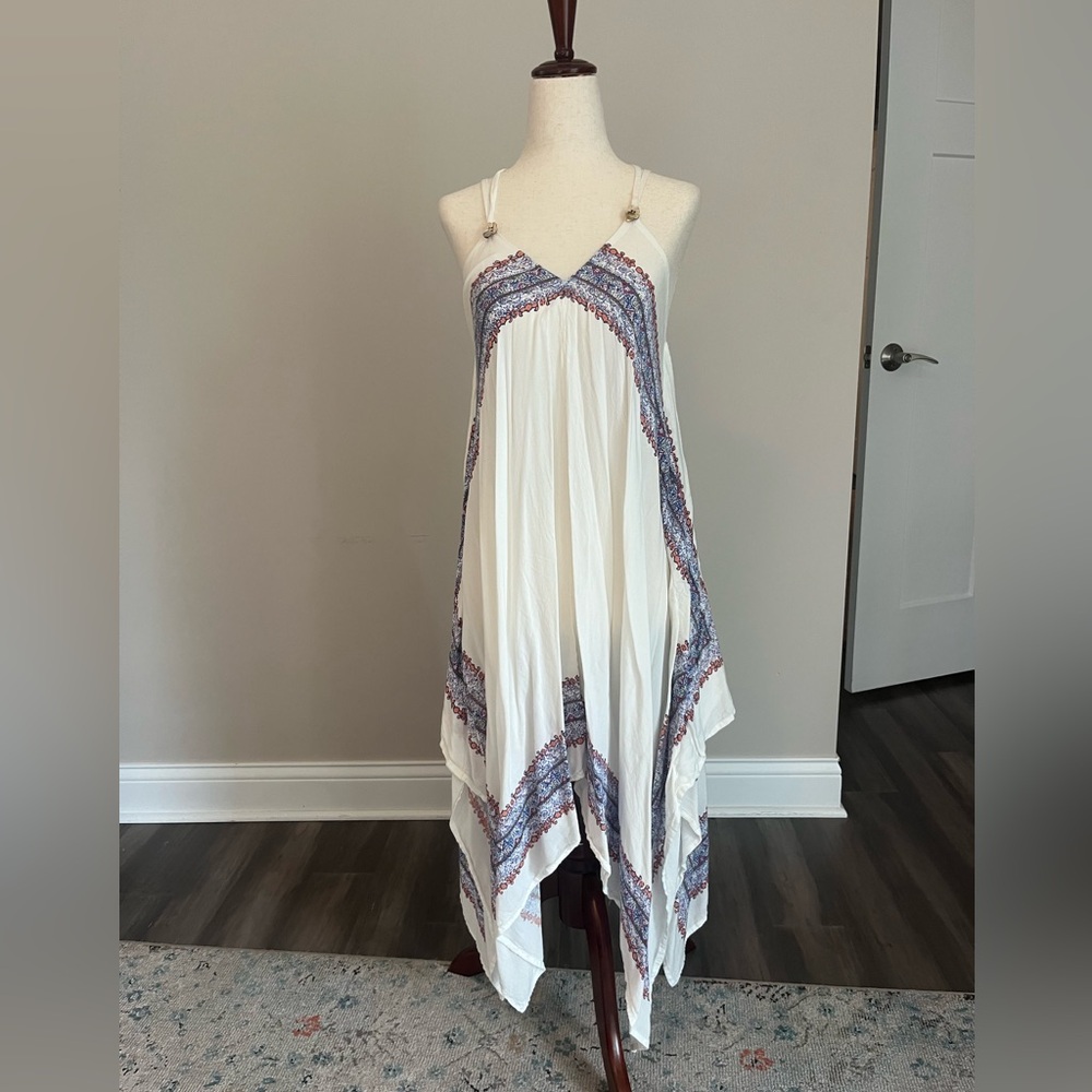 O'Neill White Backless Handkerchief Hem Sundress with Blue and Red Trim